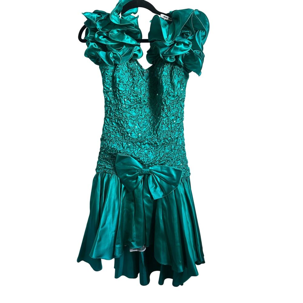 Vintage 80s Zum Zum Size 7-8 Teal Satin Prom Dress Sequin Ruffle Bow USA